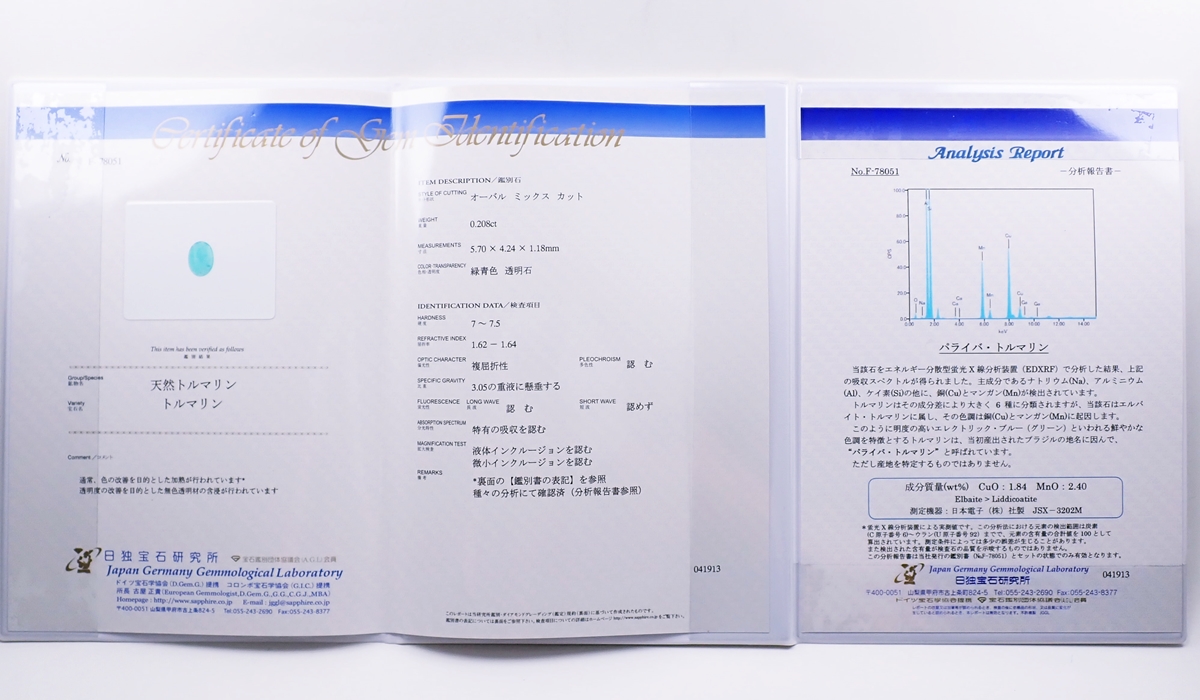 パライバトルマリン　鑑別書＆分析報告書